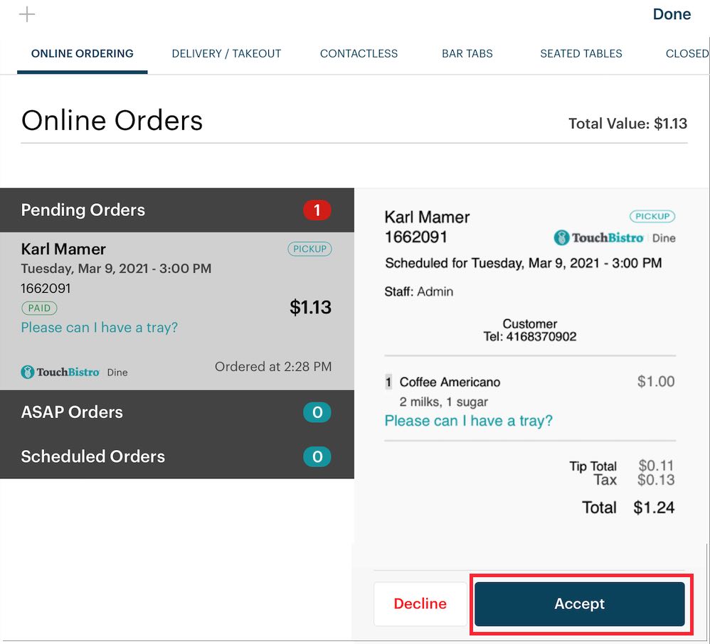 Online ordering screen