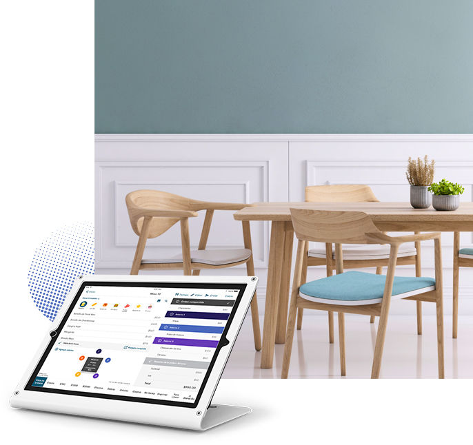 Image of a table in a restaurant and an iPad with TouchBistro software