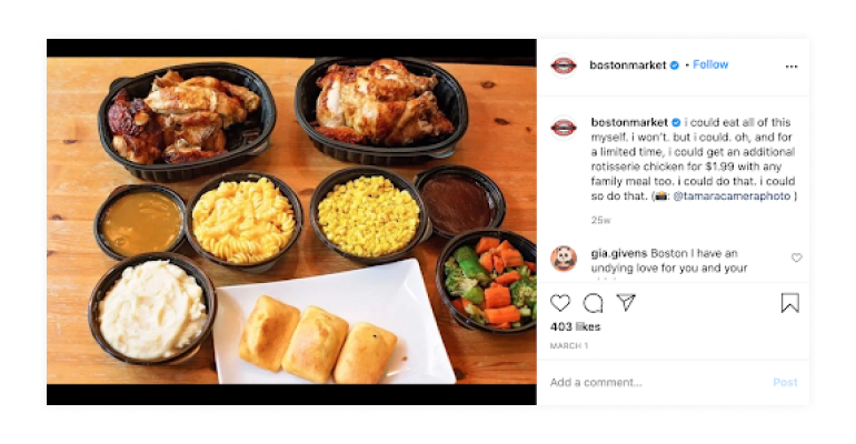 Post di Instagram di Boston Market